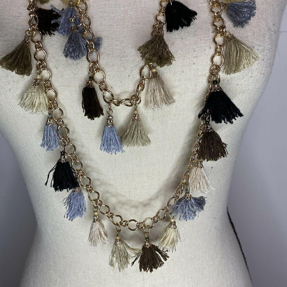 Tasseled Long Double Strand Necklace Gold Chain